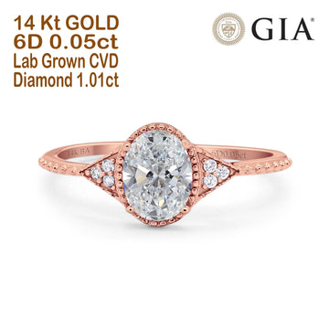 14K Rose Gold Oval Art Deco 8mmx6mm D VS2 GIA Certified 1.01ct Lab Grown CVD Diamond Engagement Wedding Ring Size 6.5